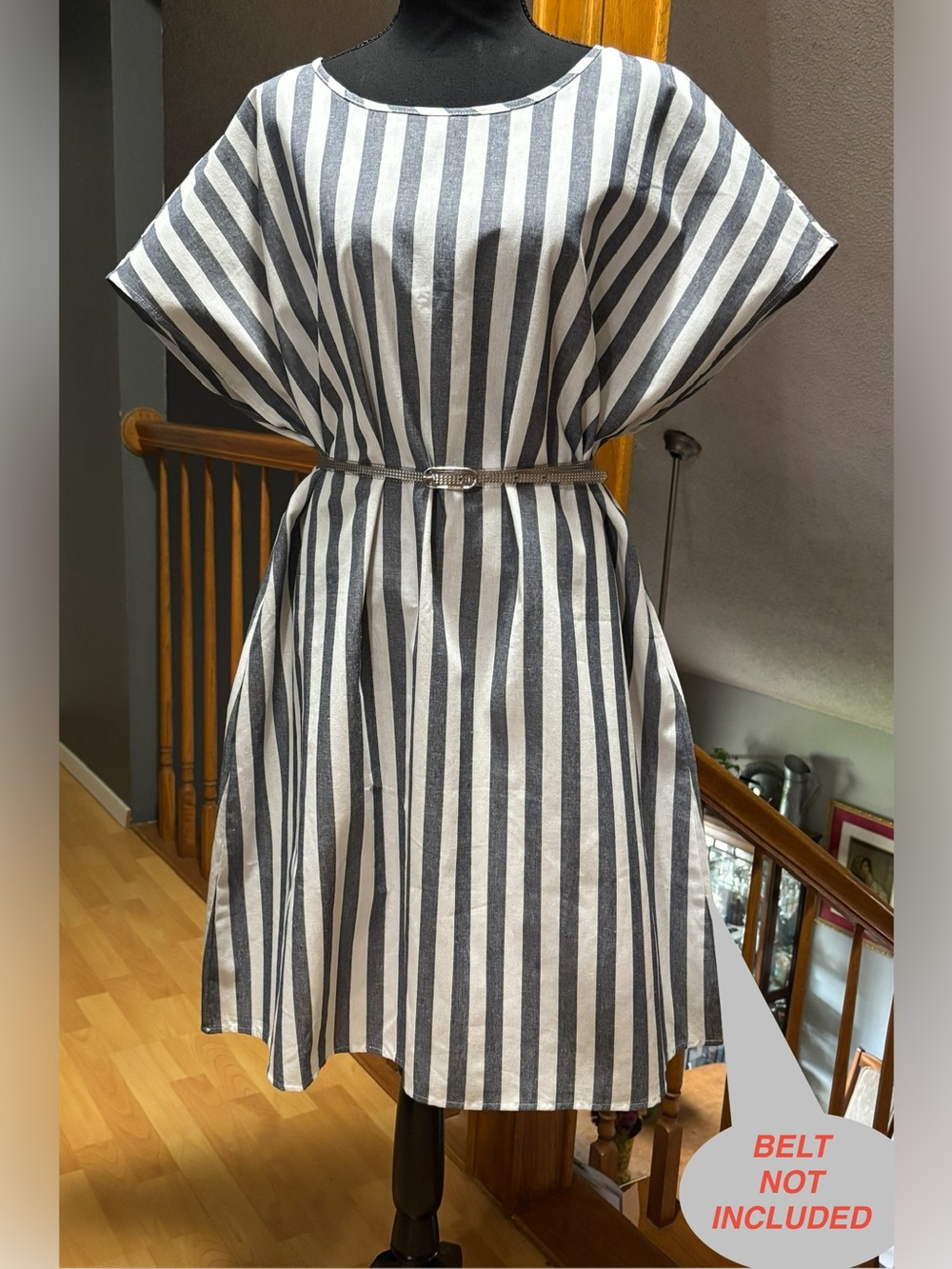 Grey/white vertical stripe dolman short sleeve tunic style dress NWOT